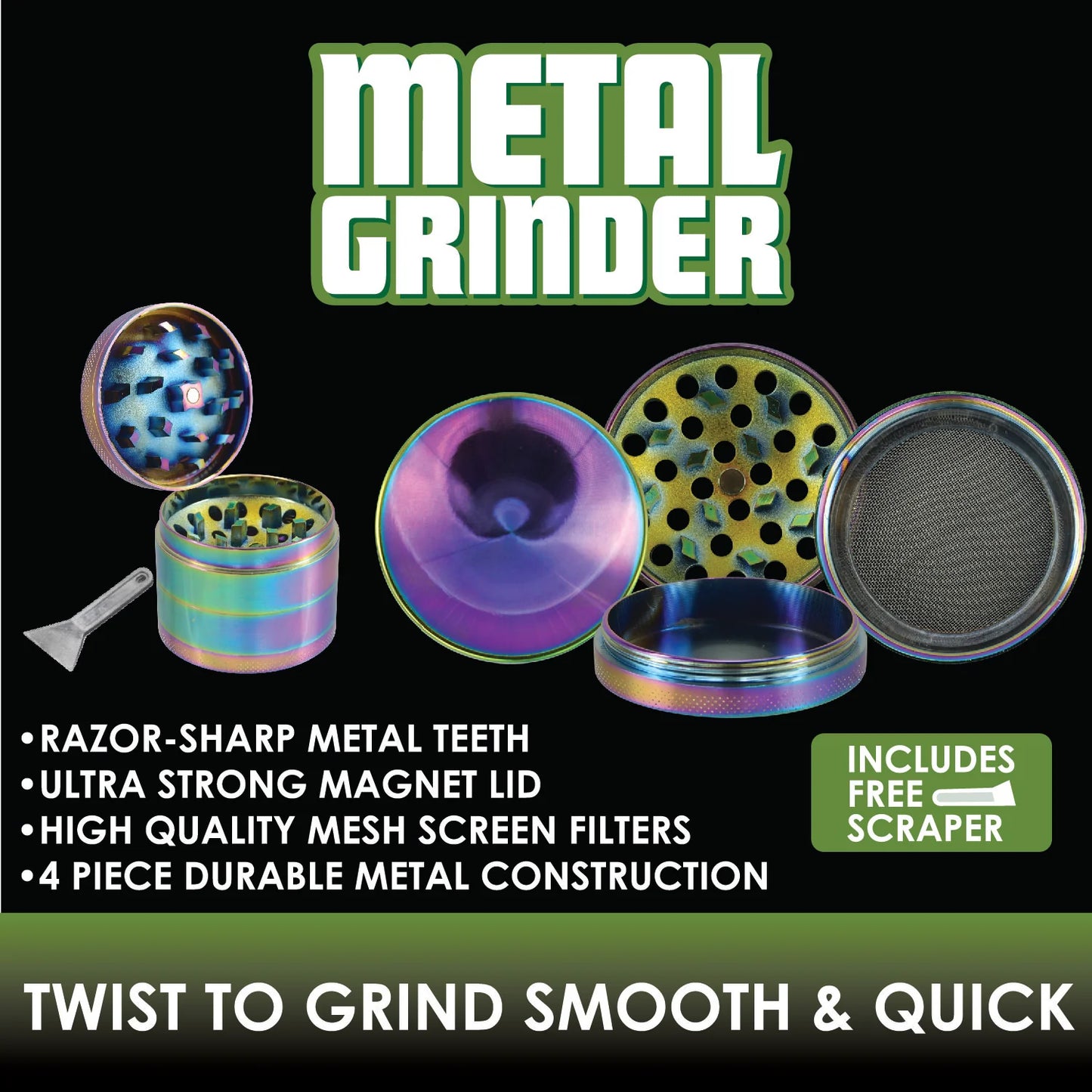 Smokezilla - Metal 4 Piece Rainbow Grinder with Magnetic Closure- 6 Pieces Per Retail Ready Display 22522