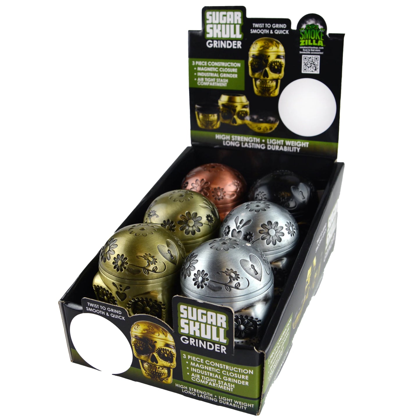 Smokezilla - Metal 3 Piece Skull Grinder with Magnetic Closure- 6 Pieces