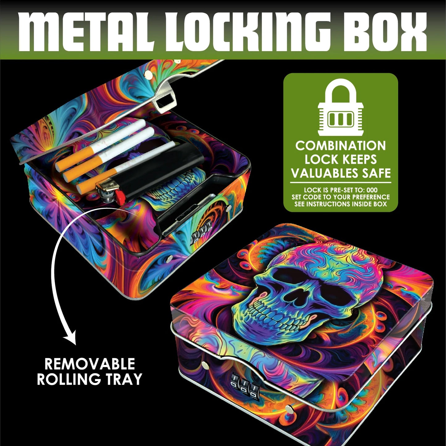 Smokezilla - Metal Locking Storage Box with Roll Tray